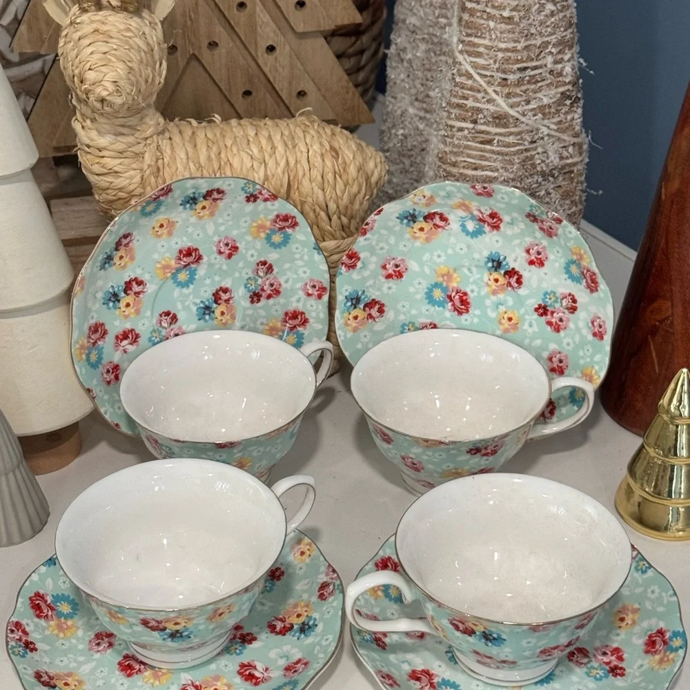 Grace Floral China Teacup and Saucer Set - Blue and Multicolor (4)